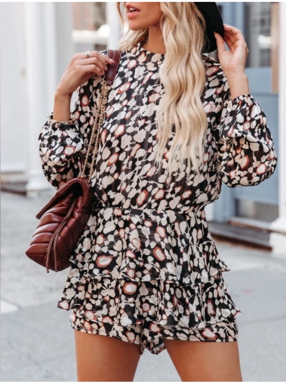 Endless Rose Shimmer Black Cream Floral Ruffle Romper Medium